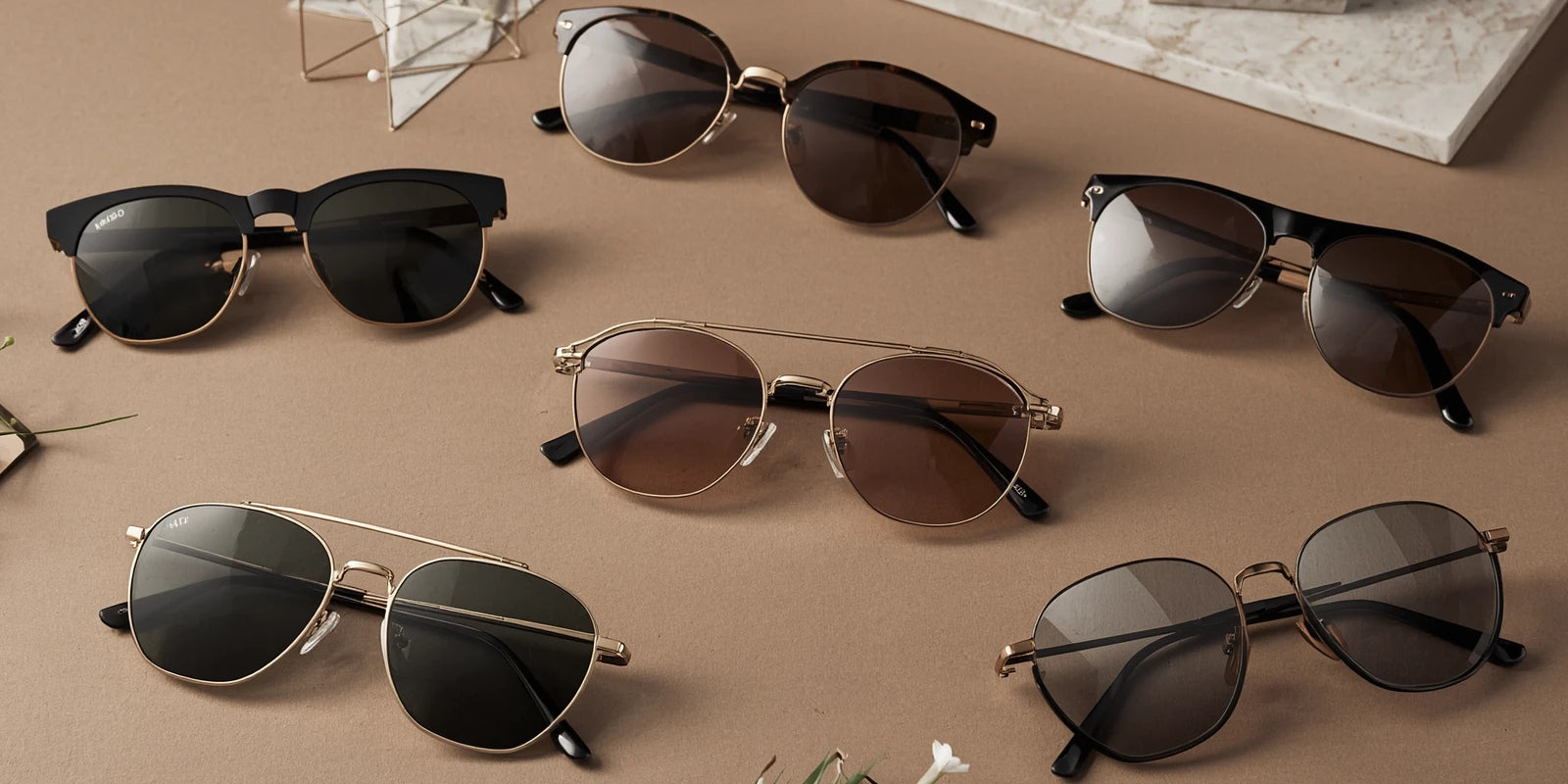Collection of sunglasses on a brown surface